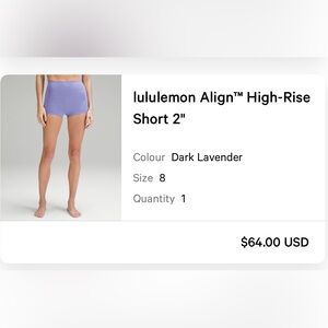 Lululemon align high rise short 2” dark lavender